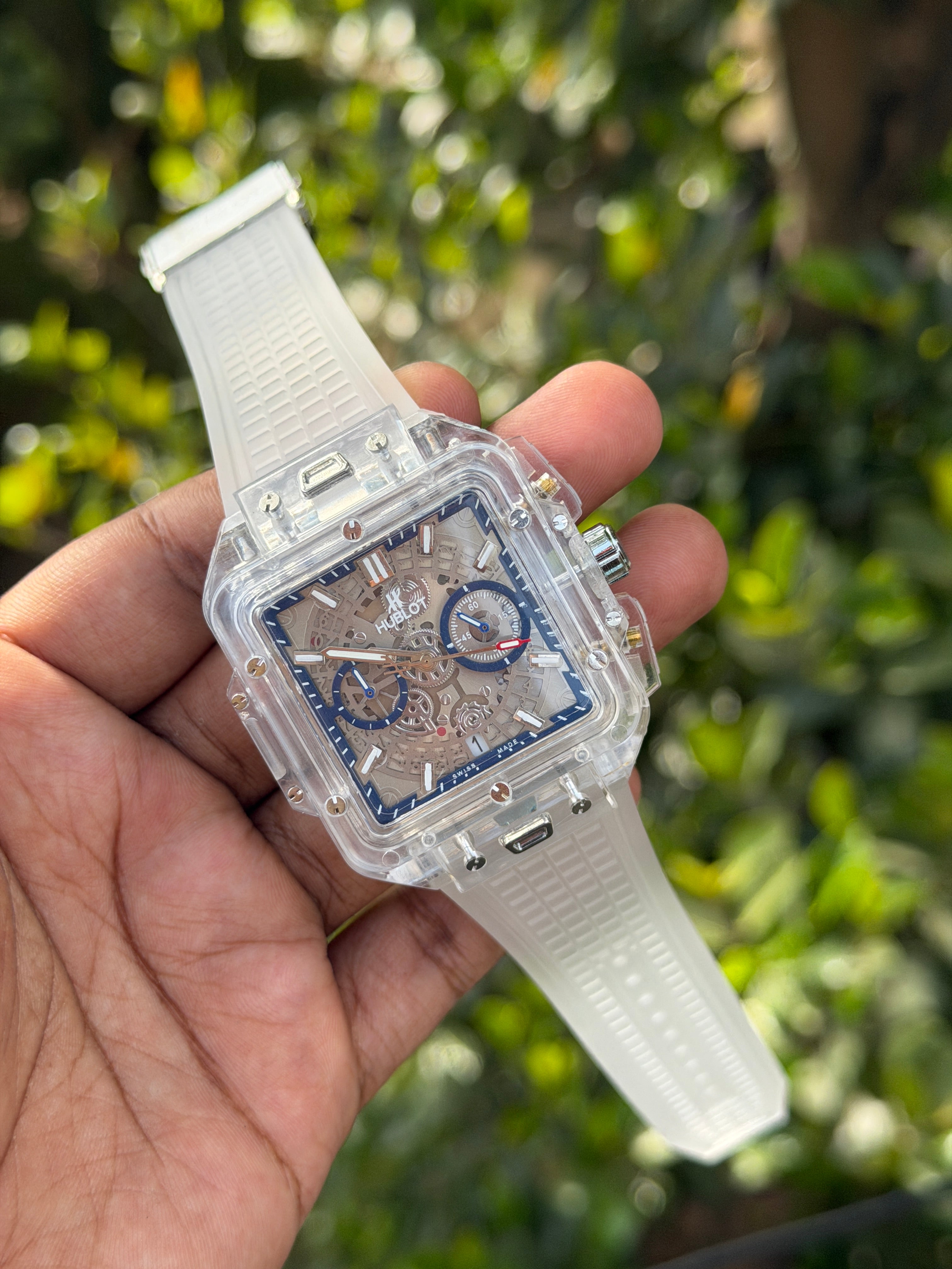 Hublot Square Skeleton Transparent Case Watch – White Silicone Strap Edition