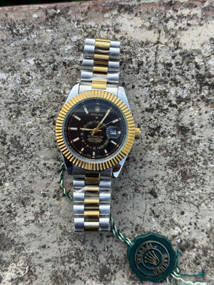 Rolex Sky-Dweller watch featuring a black dial and a two-tone gold and steel bracelet.