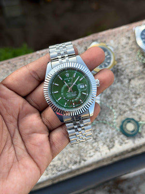 Rolex Sky-Dweller features a vibrant green dial paired with a Jubilee bracelet.