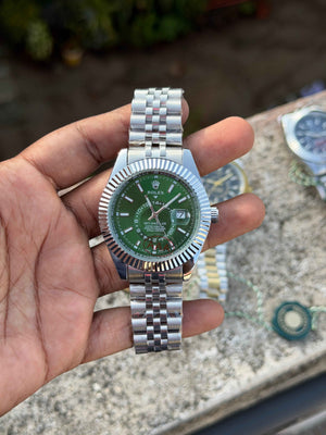 Rolex Sky-Dweller features a vibrant green dial paired with a Jubilee bracelet.