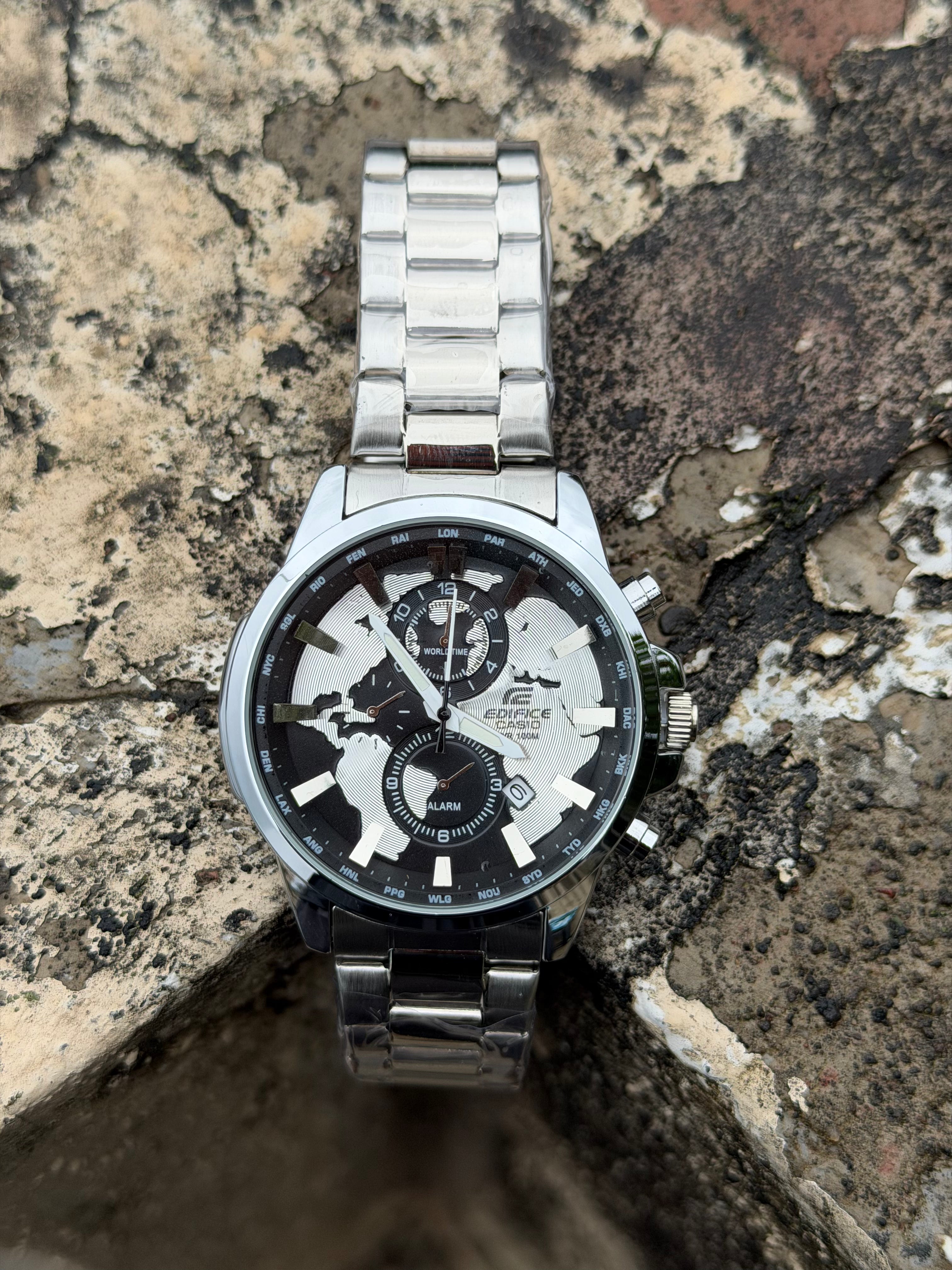Casiio Ediffice World Time Chronograph Silver Stainless Steel Quartz Watch