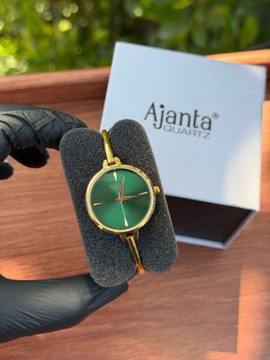 Ajanta Quartz Women’s Elegant Golden Bangle Watch with Green Dial (AWC052PMSL/4) - 1 Year Warranty