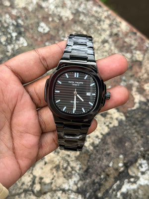 Patēk Philipē Nautilus Style Full Black Quartz Watch with Date Display | Stainless Steel Back & Butterfly Clasp