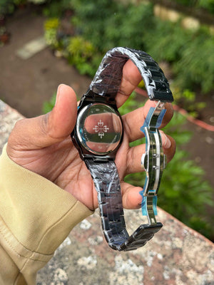 Patēk Philipē Nautilus Style Full Black Quartz Watch with Date Display | Stainless Steel Back & Butterfly Clasp