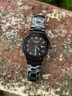 Patēk Philipē Nautilus Style Full Black Quartz Watch with Date Display | Stainless Steel Back & Butterfly Clasp