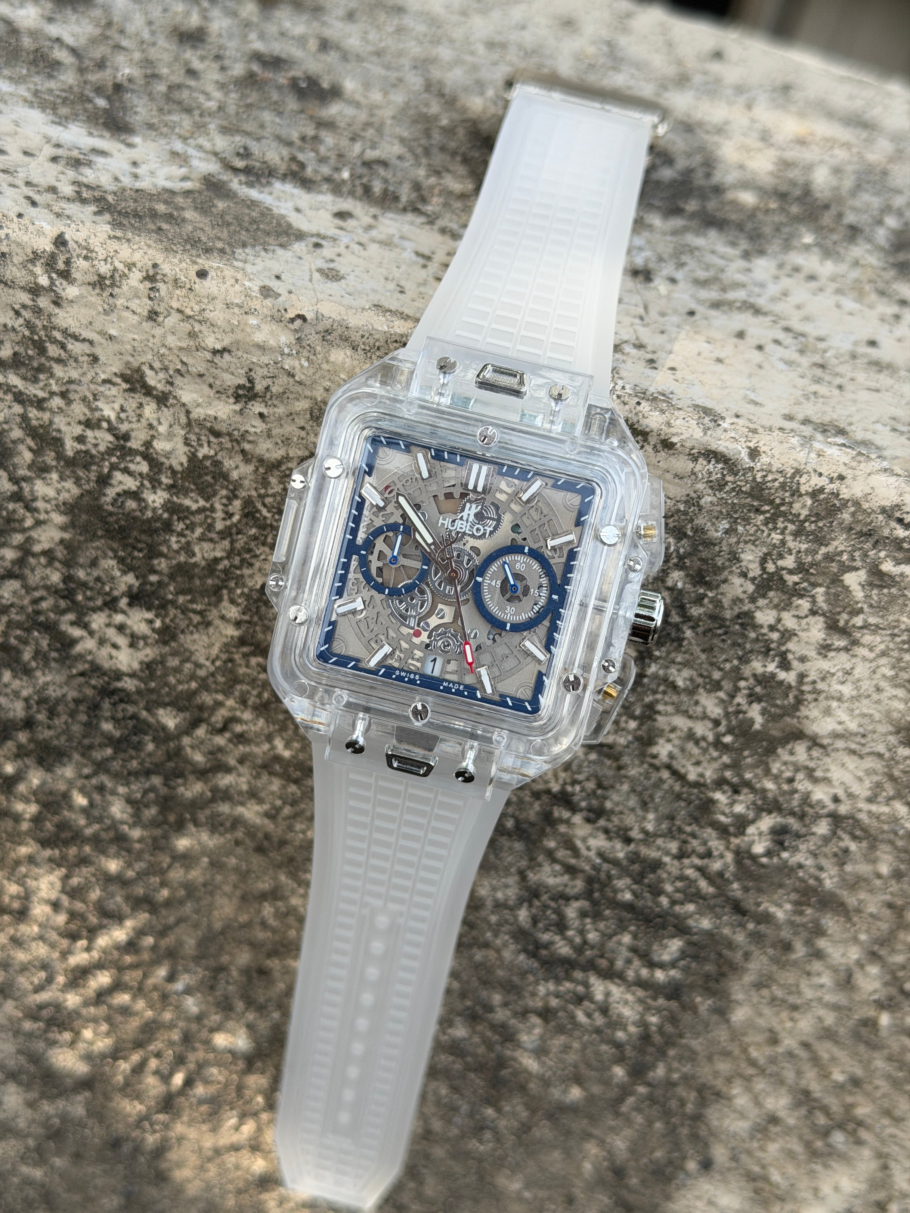 Hublot Square Skeleton Transparent Case Watch – White Silicone Strap Edition