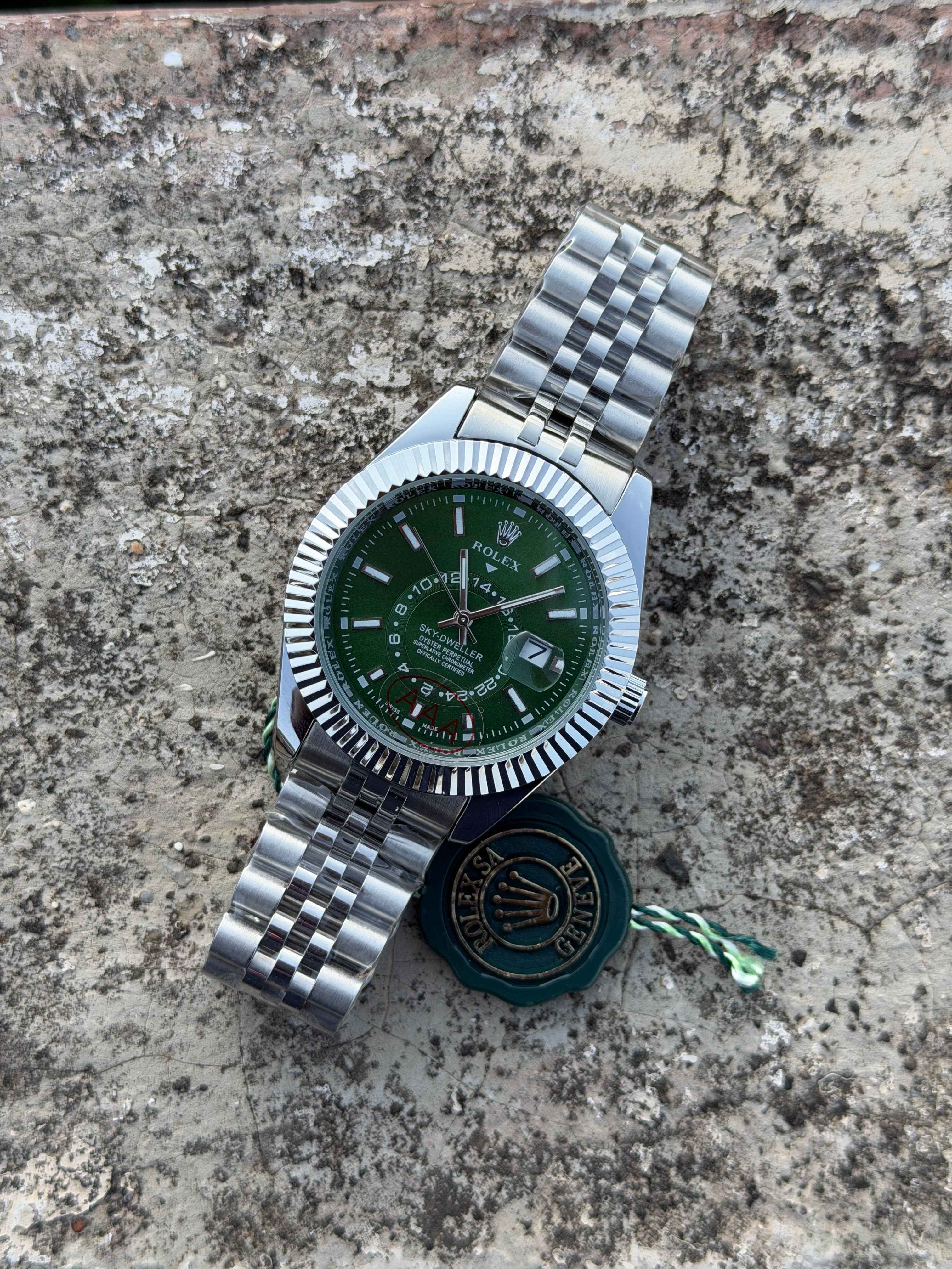 Rolex Sky-Dweller features a vibrant green dial paired with a Jubilee bracelet.