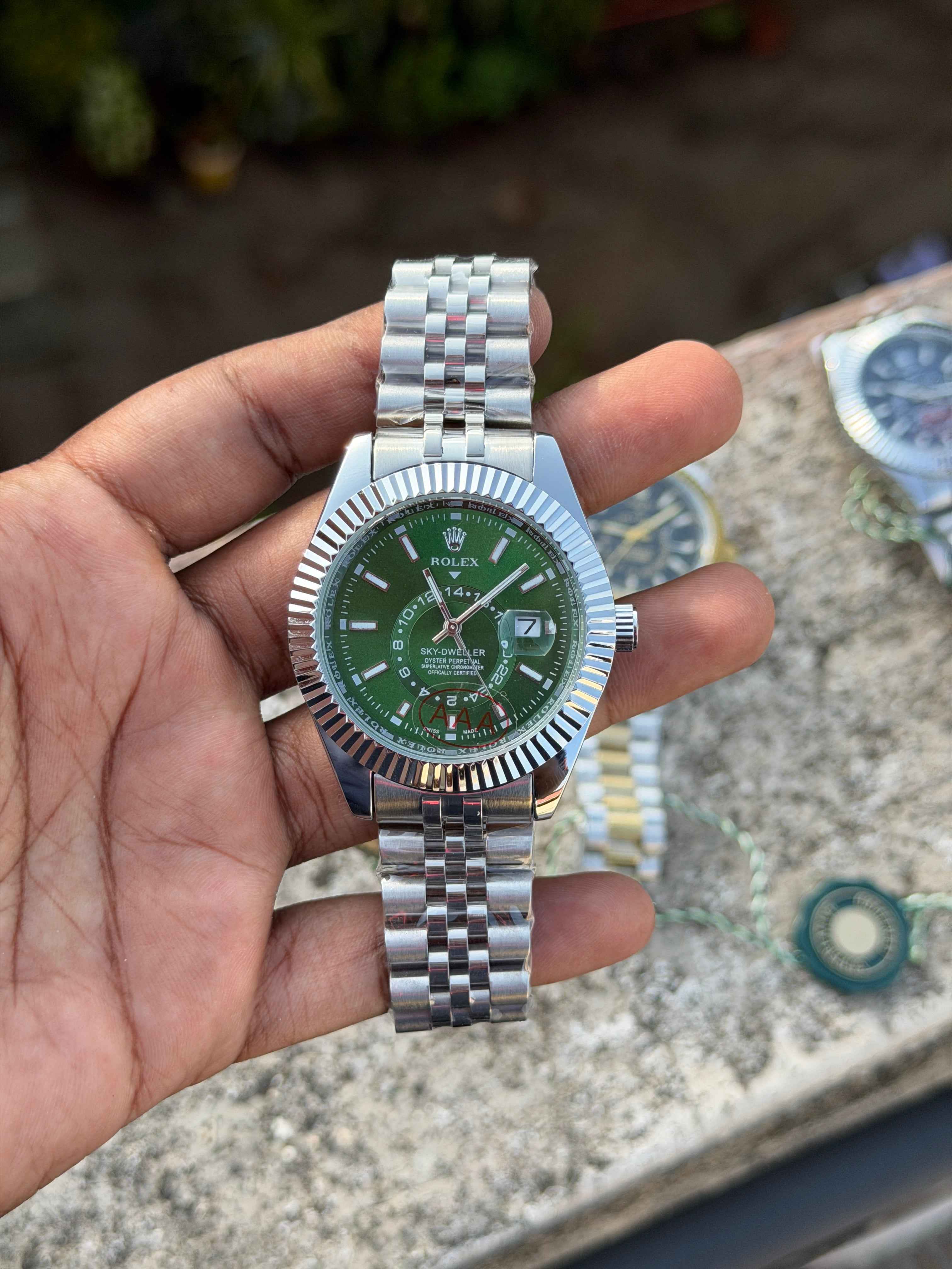 Rolex Sky-Dweller features a vibrant green dial paired with a Jubilee bracelet.