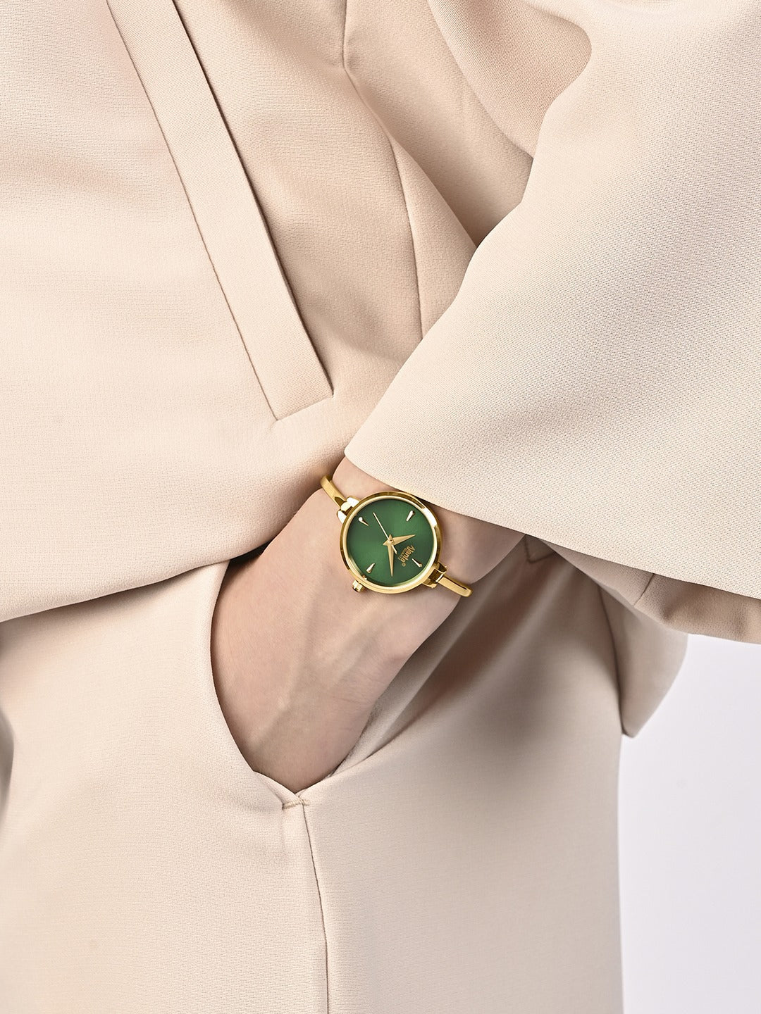 Ajanta Quartz Women’s Elegant Golden Bangle Watch with Green Dial (AWC052PMSL/4) - 1 Year Warranty